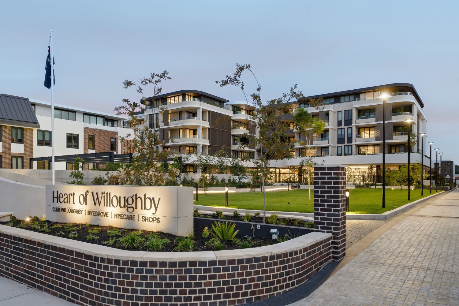 The Heart of Willoughby entry and memorial gardens, home to Club Willoughby and Willoughby Medical Practice